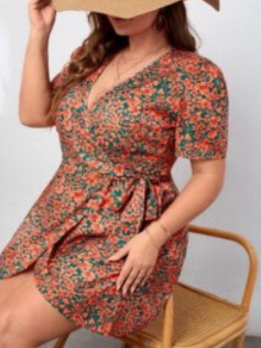 Floral Puff-Sleeve Wrap Dress in Coral and Teal